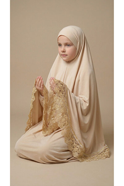 Store Kız Çocuk Lüks Kadife Namaz Elbisesi - Dantel İşlemeli Krem Namazlık Ta...