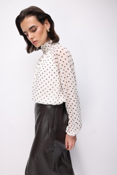 Mixray 4816 Women's Polka Dot Pack Bow Blouse Ecru