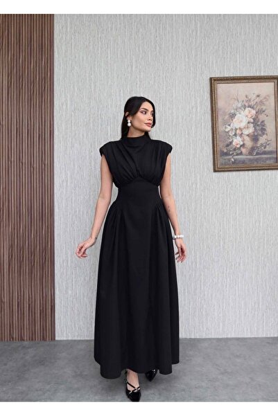 mafdress Kadın Vatkalı Belden Oturtmalı Siyah Sıfır Kol Abiye Elbise