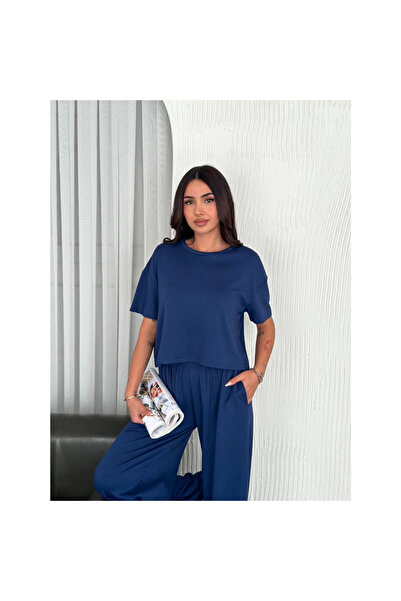 Narnuga Osy Modal Soft Textured Fabric Crew Neck T-Shirt Wide-Leg Pants Two-P...