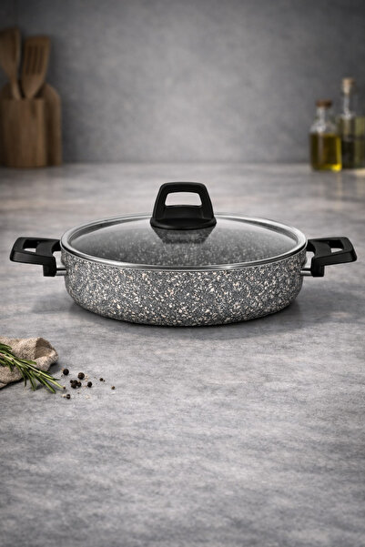Rivorn Schafer Dark Storm Gray 26 cm Granite Cast Iron Flat Pot with Glass Li...