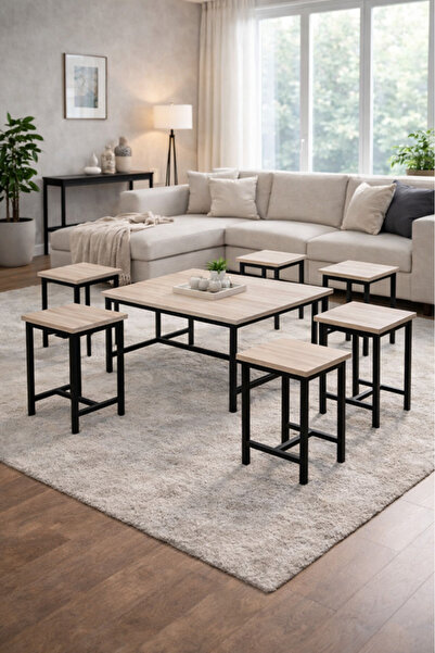 MARIA HOMES L.Wood 1+6 Coffee Table Set – Light Wood Design with 1 Large and ...