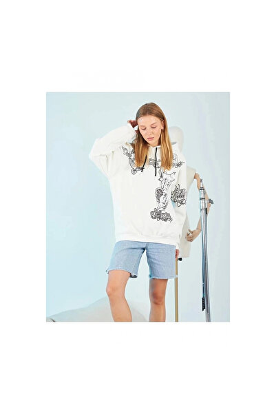 Narnuga سترة بقلنسوة بثلاثة خيوط - مطبوعة بتصميم تمثال أبيض قوي، قصة مريحة، ت...