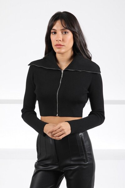 Ferraro Black Zippered Viscose Corded Fabric Cropped Women's Knitwear Cardigan