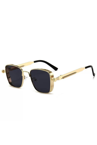 Tessero Steampunk Cyberpunk Sunglasses, Double Gold Metal Frame, Black Square...