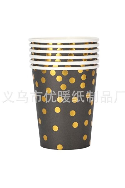 Avaleea Set 10 pahare de carton, model buline aurii, 250ml, negru