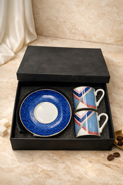 Rivorn Gönül Collection Porselen Mavi Beyaz Retro 2'li Kahve Fincanı Takımı –...