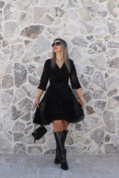 bytugcekaya Black Velvet embroidered short k Double-Breasted dress