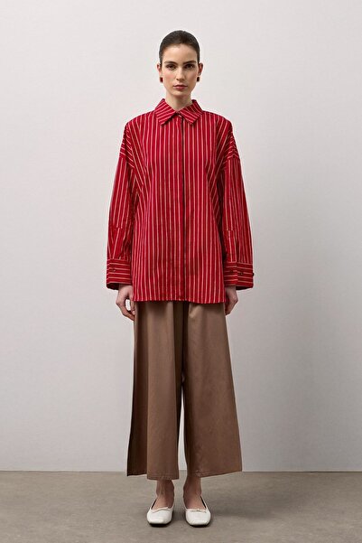Molene Kırmızı Sırt Roba Kesimli Çizgili Gömlek