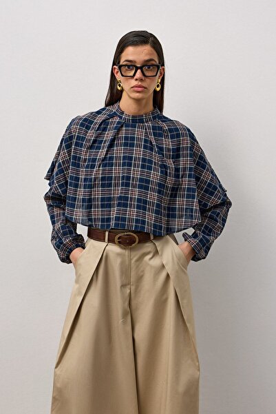 Molene Lacivert Ekose Pelerinli Yarım Balıkçı Gömlek