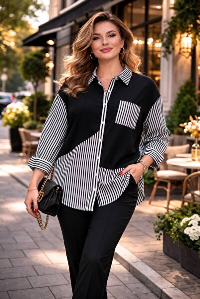 TUSSE Women's Elegant Polo Neck Striped Pattern Patchwork Embroidered Large S...