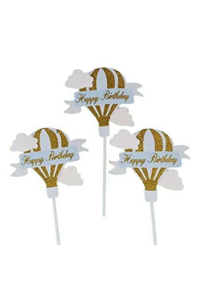Avaleea Set 3 Toppere pentru Tort, Model Balon cu Aer Cald Happy Birthday, Te...