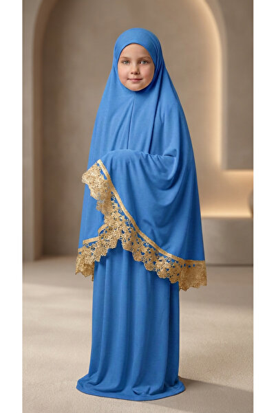 Store Kız Çocuk Lüks Kadife Namaz Elbisesi - Dantel İşlemeli Krem Namazlık Ta...