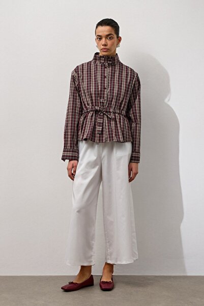 Molene Bordo Belden Bağlamalı Çizgili Hakim Yaka Gömlek