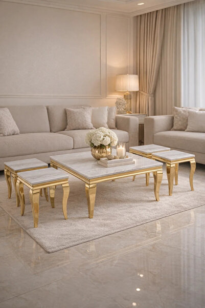 MARIA HOMES Luxury Gold Marble Coffee Table Set 1+4 – Classic Square Design