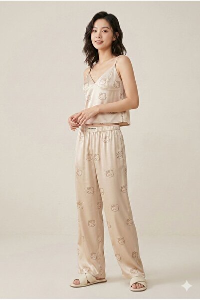Karakedi Σετ Πιτζάμες 2 τεμαχίων από σατέν με μπεζ τιράντες και μακρύ παντελόνι