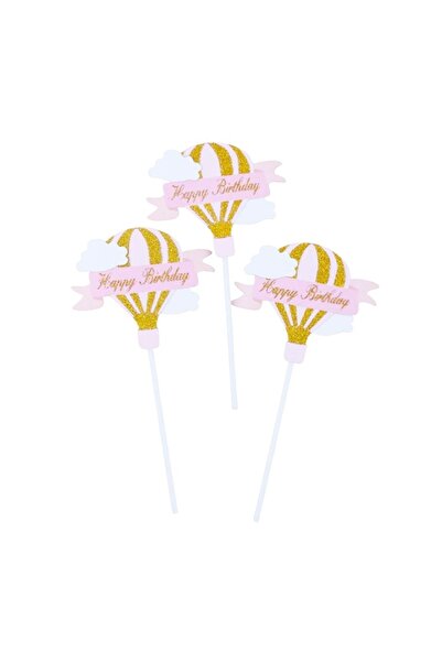 Avaleea Set 3 Toppere pentru Tort, Model Balon cu Aer Cald Happy Birthday, Te...
