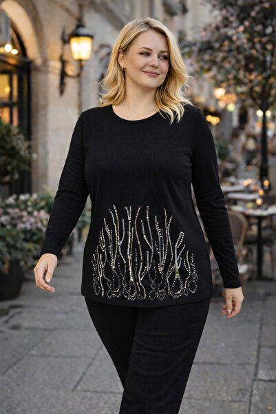 TUSSE Women's Elegant Stone Detailed Stylish V Viscose Plus Size Blouse