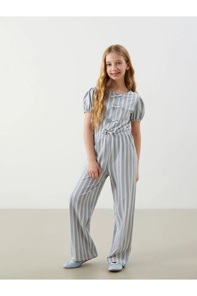 LC Waikiki Salopetă pentru fete LCW Kids Blue cu dungi detaliu cu fundă