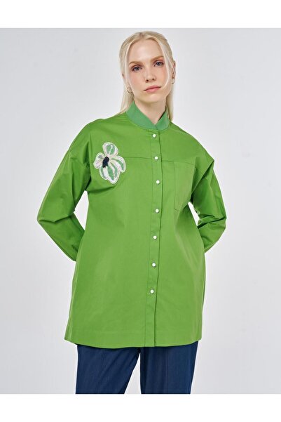 Kayra Kolej Yaka İşleme Detaylı Pamuklu Bluz-Yeşil - 40