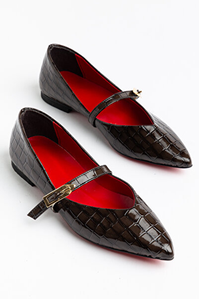 AYENDE MODA Piele lacuită maro crocodil cu cataramă cu vârf ascuțit pentru fe...