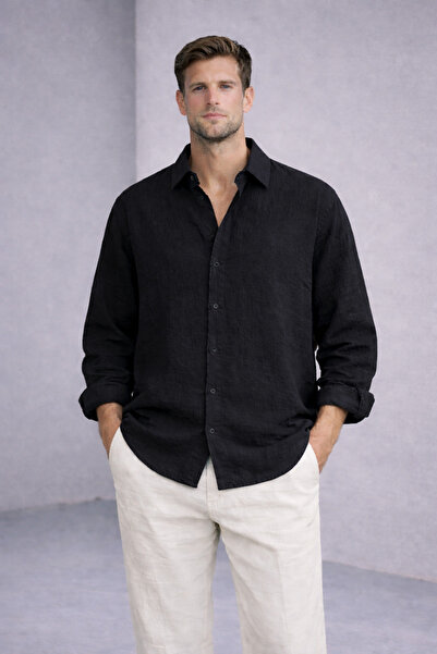 çerme Ανδρικό πουκάμισο σε μαύρο χρώμα με στυλ oversized Cut Λινό Look