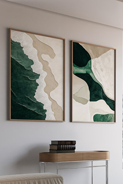 Artiera 2 τεμάχια Μπεζ Πράσινο Παράκτιο Σετ Ελαιογραφίας Japandi Art με ξύλιν...