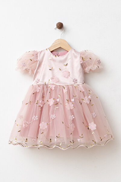 YUKOBABY KIZ BEBEK&ÇOCUK ÇİÇEKLİ FİYONKLU NAKIŞLI ŞIK BAYRAMLIK ELBİSE
