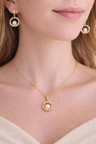 Two Two Pearl and Stone Gold Jewelry Set – Premium Steel Necklace and Earring...