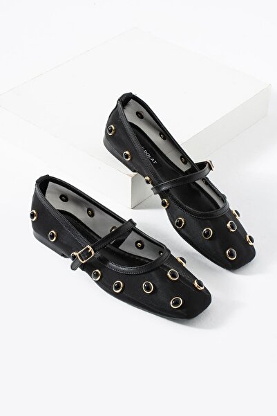 diclepolat Women's Black Stone Detailed Ballet Flats Square Toe Straps Mary J...