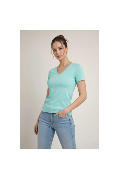Narnuga Women's T-Shirt V-Neck Slim Fit Lycra T-Shirt Daily Basic Body - Turq...