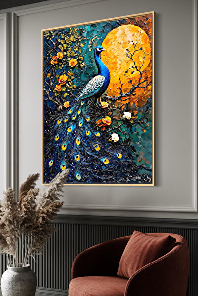 ARTAN GALLERY İtalyan Kadife Tavus Kuşu Sanat Tablosu Yağlı Boya Görünümlü Ah...