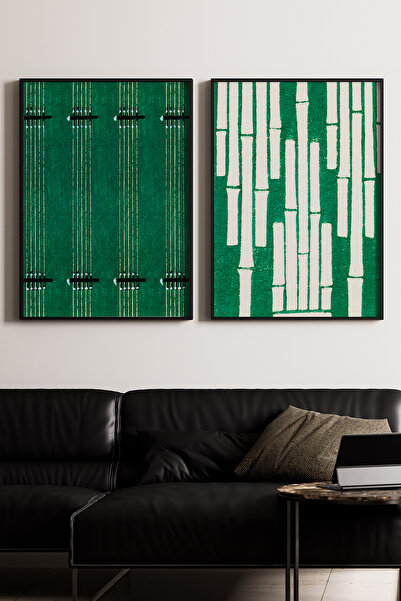 Artiera Σετ ζωγραφικής 2 τεμαχίων με vintage πράσινα σχέδια από μπαμπού Japan...