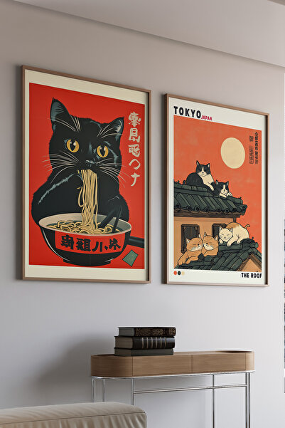Artiera Σετ ζωγραφικής με ξύλινο πλαίσιο 2 τεμαχίων Black Cats Ramen Japandi Art