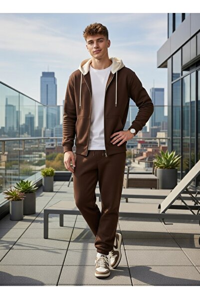 KVİNS Ανδρικό σετ φόρμας καφέ χρώματος με με κουκούλα φερμουάρ και oversized ...