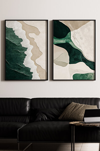 Artiera 2 τεμάχια Μπεζ Πράσινο Παράκτιο Σετ Ελαιογραφίας Japandi Art με ξύλιν...