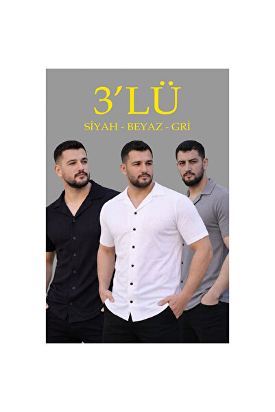 Narnuga Men's Waffle Woven Open Collar Buttoned Regular Fit 3-Piece Shirt Set...