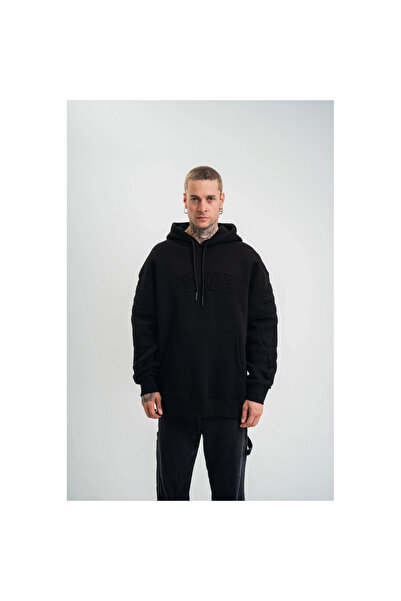 Narnuga Double Oversize Hooded Embroidered Sweatshirt - Black
