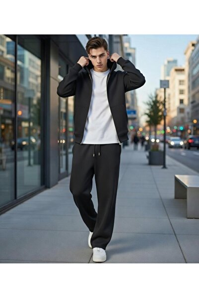 KVİNS Men's Black Oversized Hooded Zippered Tracksuit Set