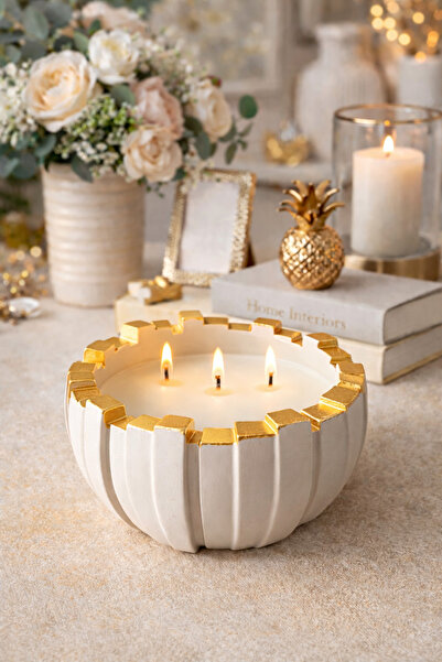 Sabletscrafts 3 Fitilli Lüks Mum | Taş Tozu El Yapımı Gold Detaylı Dekoratif ...