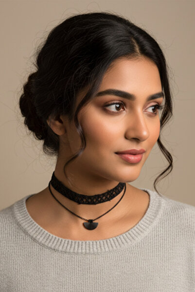 shop Chain Detail Black Knitted Neck Collar - Ethnic Patterned Semicircular E...