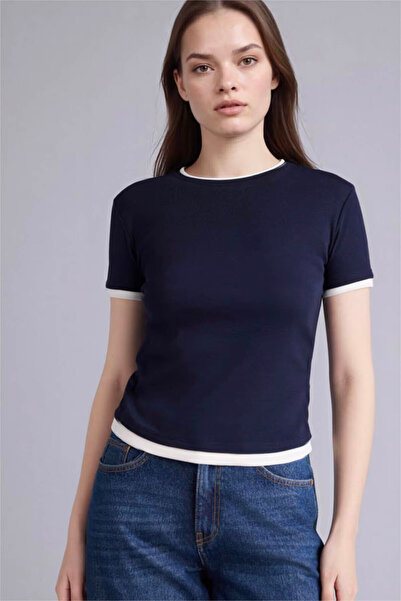 DeFacto Tricou pentru femei, 100% bumbac, slim fit, cu nervuri, albastru mari...