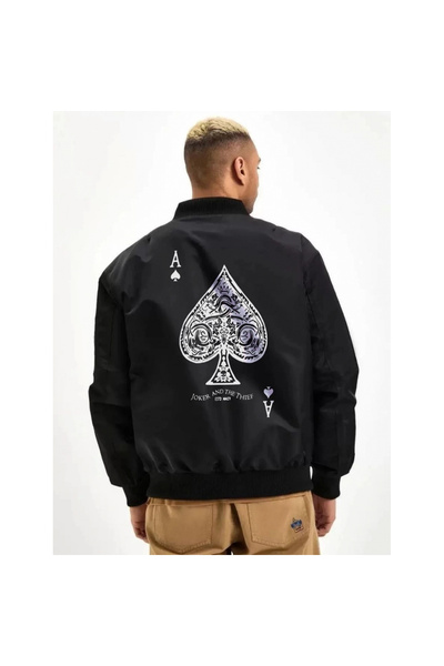 Narnuga Bomber Jacket – Black Color, Ace of Spades Printed -