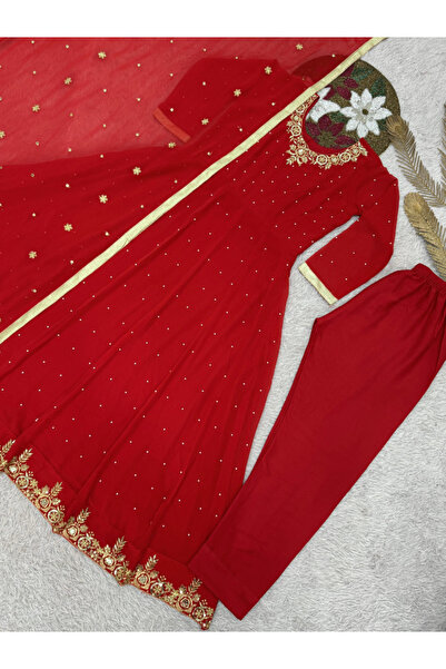 MYSMAR Red Faux Georgette Gown Pant & Dupatta - HRT5882 | Red