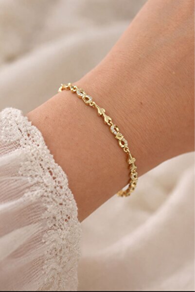 Goche Kadın Gold Kararma Solma Yapmaz Zirkon Taşlı Kalp Su Yolu Bileklik| 8 M...