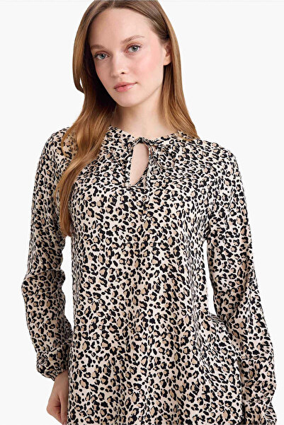 DeFacto Regular Fit Bisiklet Yaka Leopar Desenli Uzun Kollu Bluz N1809AZ26SP