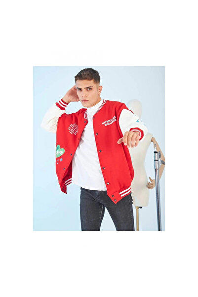 Narnuga Stars on the Sleeves Back Printed Oversized College Jacket - Red