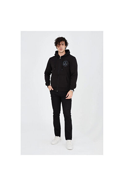 Narnuga Hooded Printed Zippered Cardigan - Black -