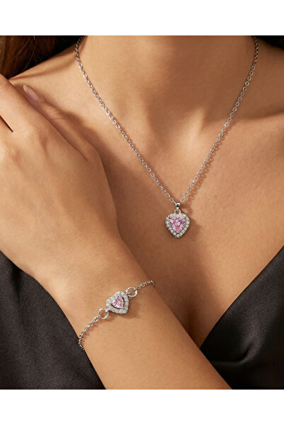 Gleemy accesories Minimal Pembe Zirkon Kalp Kolye Bileklik Seti