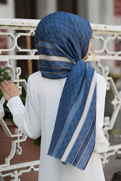 Vissona %100 İpek Monogram Desenli Bebe Mavisi - Lacivert Renkli 92x210 Şal